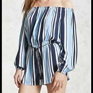 !!! SOLD!!! Blue Off-shoulder Striped Romper